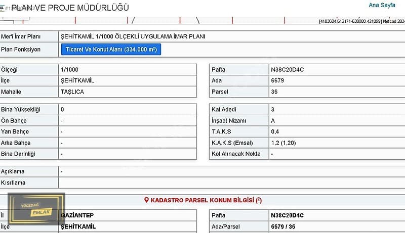 Gaziantep Taşlıca Yatırımcısına Tek Tapu Satılık A3 Arsa