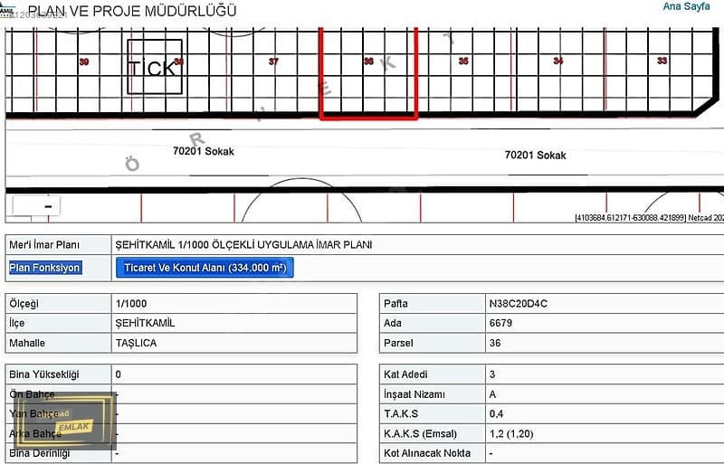 Gaziantep Taşlıca Yatırımcısına Tek Tapu Satılık A3 Arsa